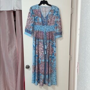 Blue Tiered Maxi Dress with Smocked Bodice and V-Neck